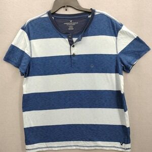 NEW American Eagle Short Sleeve Henley Icon Rugby Stripes T Shirt Blue Men XL